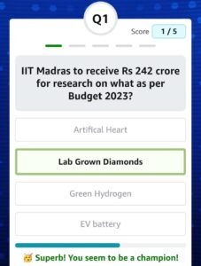 IIT Madras to receive Rs 242 crore for research on what as per Budget 2023 Amazon Quiz